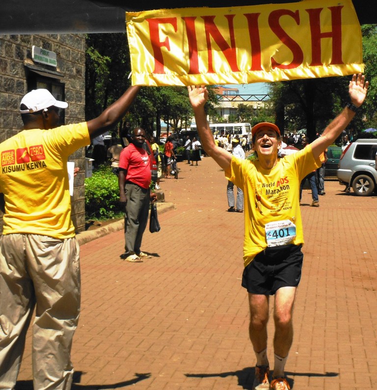 Richard at the Finish line of the 2012 Kisumu World Aids Marathon